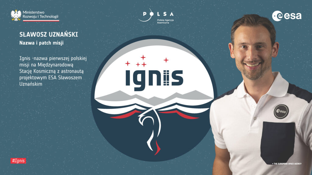 Sławosz Uznański Wiśniewski i logotyp misji / ESA