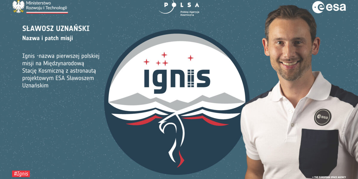 Sławosz Uznański Wiśniewski i logotyp misji / ESA